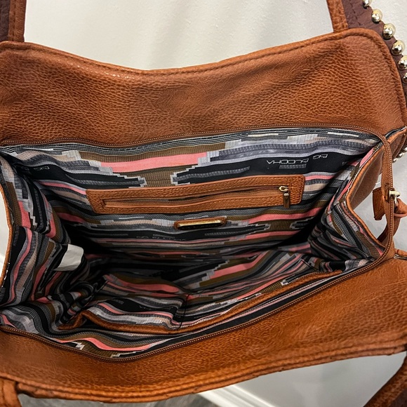 Big Buddha Large Quilted Tan Shoulder Bag Gold Beads Striped Interior Lining - Picture 6 of 7